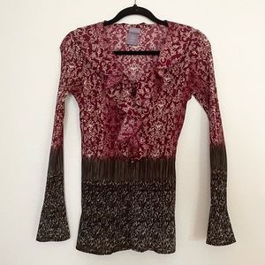 Laura Scott Red & Black Pleated Button Blouse w/ Ruffle Neckline & Flare Sleeves